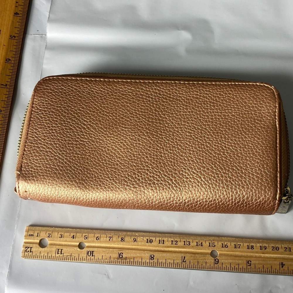 Rose Gold Metallic‎ Pebbled Leather Zip Around Wallet Clutch Purse